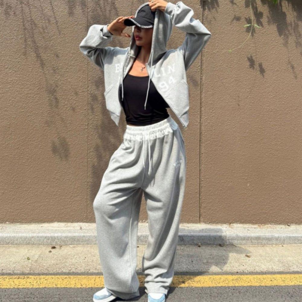New ArrivalS Open Run Women S Fall Crop Hoodie Zip Up And Pocket Wide pantS Set