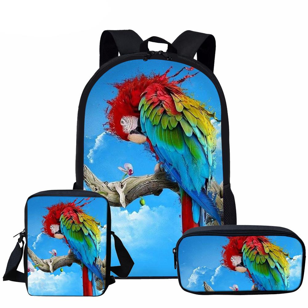 Classic Novelty Parrot Bird Pattern 3D Print 3pcs/Set School Bags Laptop Daypack Backpack Inclined Shoulder Bag Pencil Case