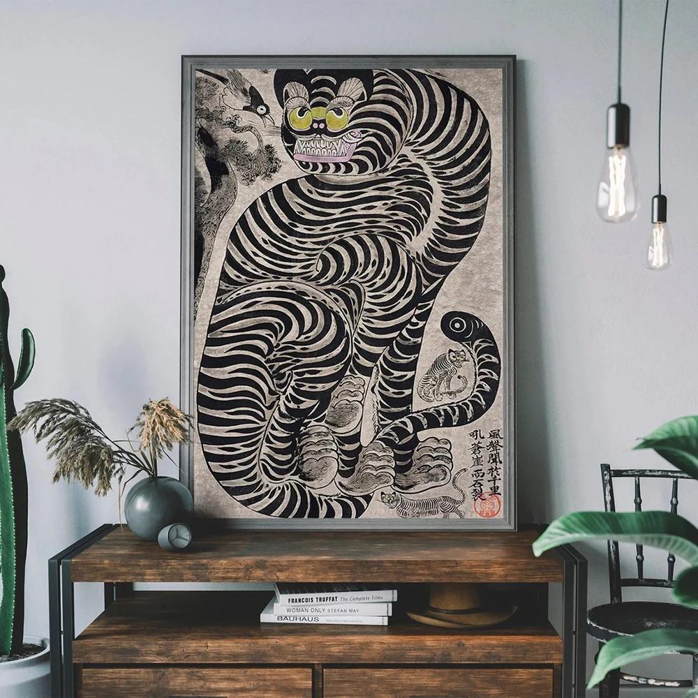 Vintage Japanese Tiger Cat Music Canvas Wall Art Print Poster Vintage Record Player Decorative Painting Home Room Decor Gift