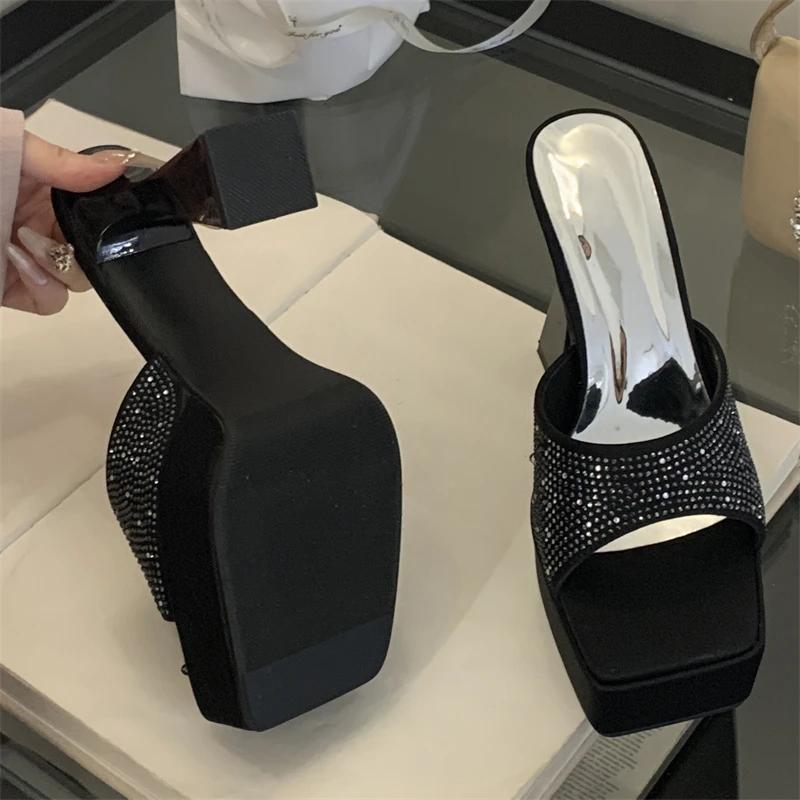 Eilyken Summer Square Toe Crystal Rhinestone Slippers Women Chunky Platform Heels Shoes Zapatos De Mujer