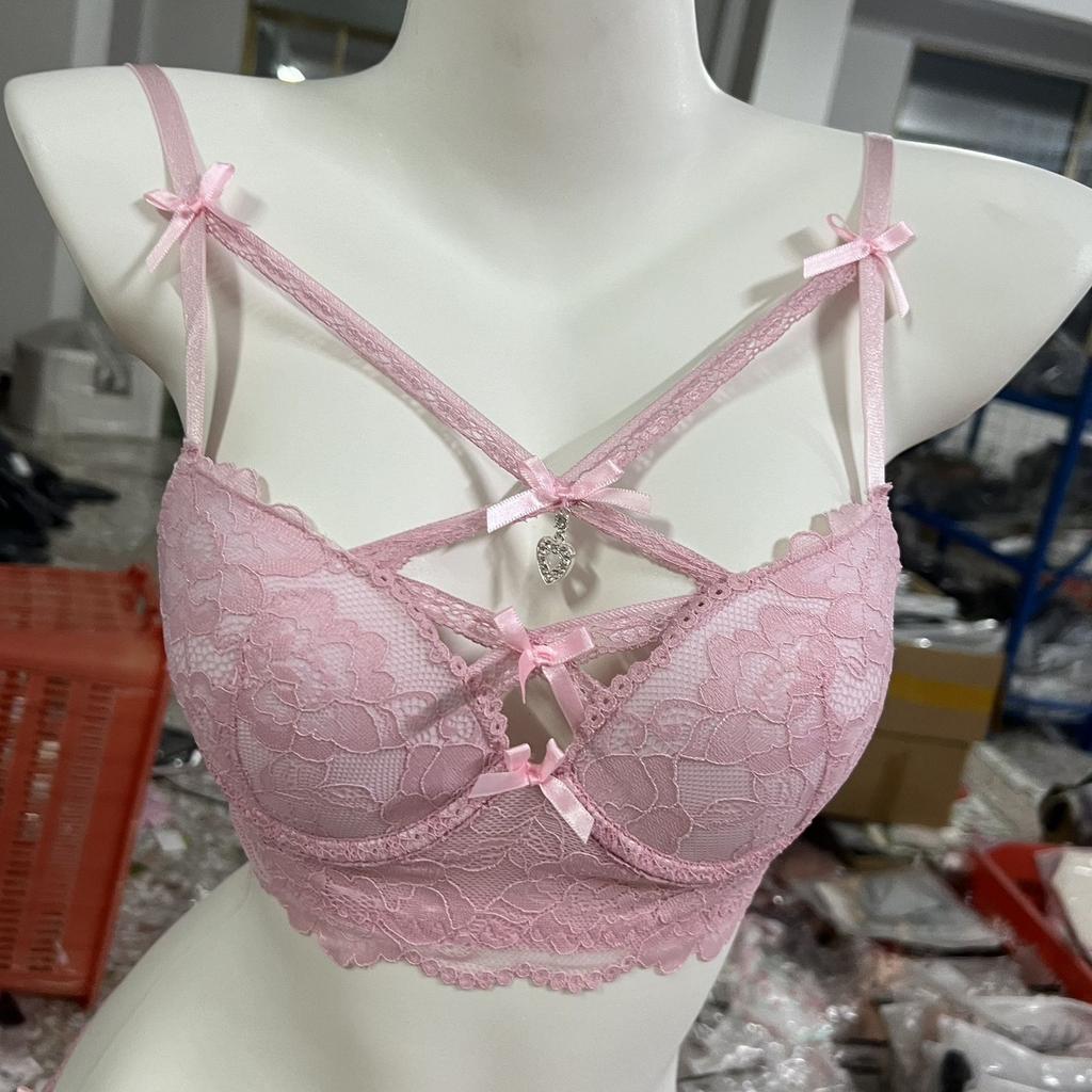 New Sexy Pure Desire To Wear Lace Underwear Women's Suit Cross-dew Belt Love Pendant Steel Ring Gathering Bra Cover