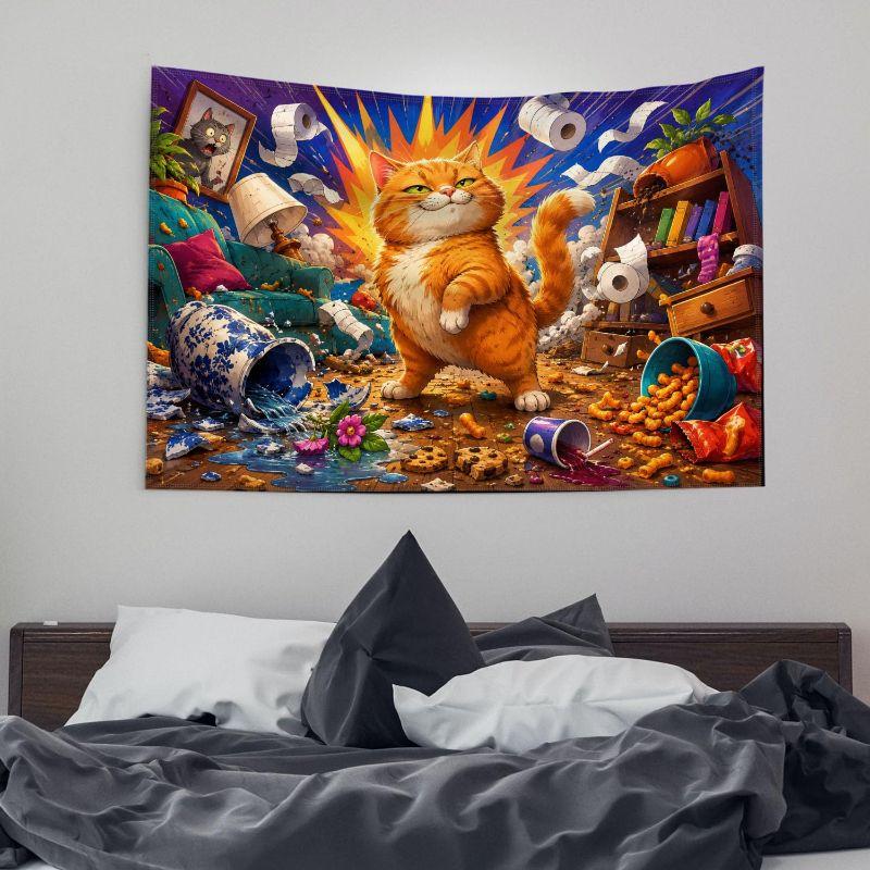 Orange Cat Chaos Explosion Room Wall Tapestry Funny Kitten Knocking Vase Toilet Paper Snack Cartoon Illustration Bedroom