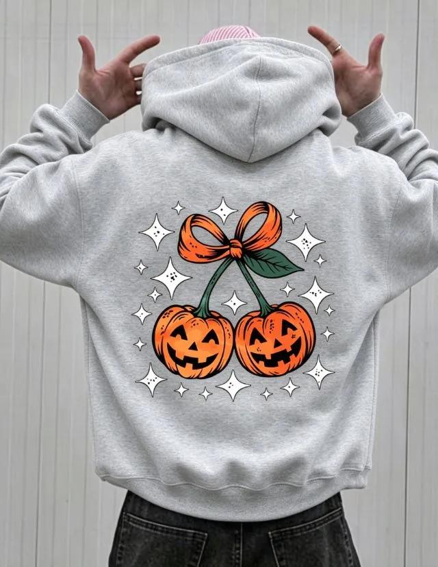 Men Hoodie Halloween Pumpkin Cherry Bow Back Print, Loose Sport Pullover Sweatshirt, Casual Autumn Winter Street Hooded Top For Daily Sport.