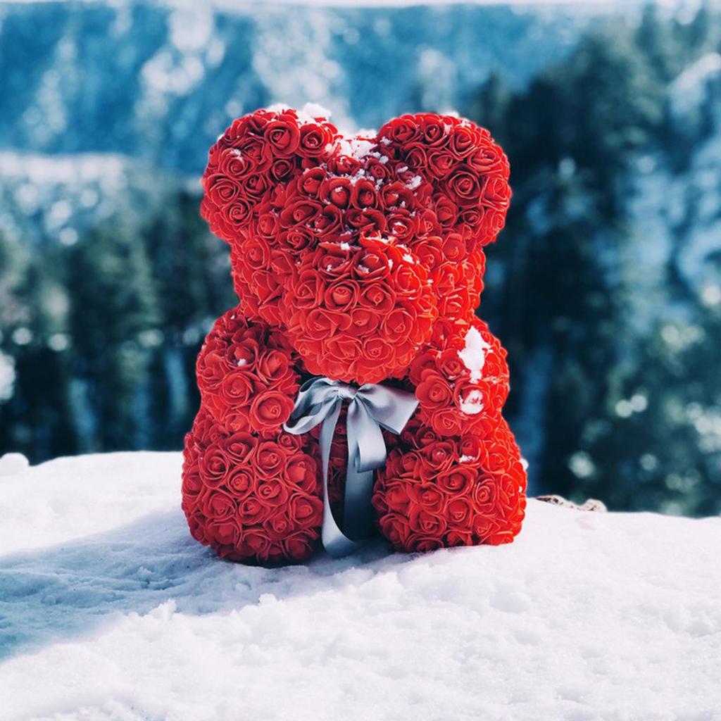 9.8in Artificial Cute Bear Rose Flower for Wedding Anniversary Including Transparent Gift Box Red