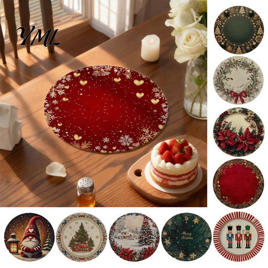 Round Washable Placemats Christmas Placemat, 14 Inch Festive Pattern Anti Slip Tabletop Protector, Heat Resistant Table Pad Insulation Place