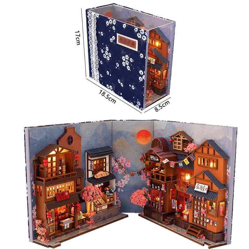 Bücherregal-Set Puppenhaus Holz Beleuchtet DIY Buchnische Bausatz 3D Puzzle Zusammenbau Gebäudemodell Buchstützen Geburtstagsgeschenke für Erwachsene