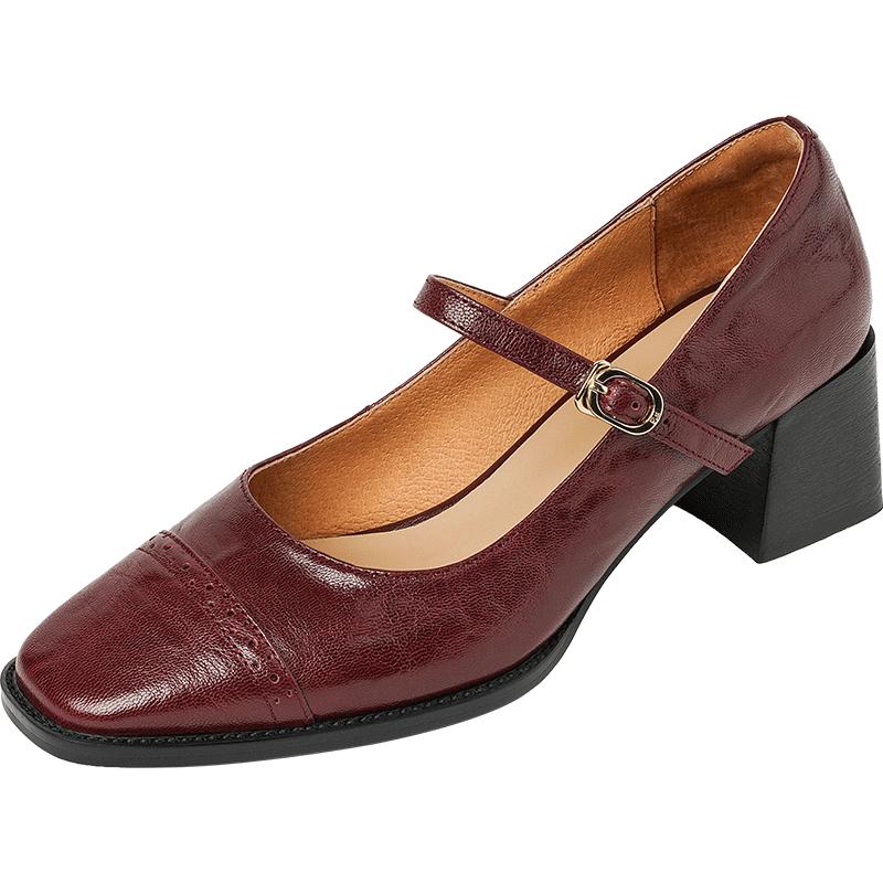 Fashion 2025 New Cow Leather Women Dress Shoes Chunky Heel Retro Mary Janes Shoes Shallow Round Toe Pumps Ankle Strap Ladies Office Shoe