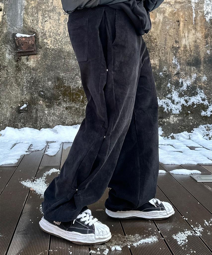 PEACEOFMIND Side Snap Button Wide Corduroy Pants (Black)