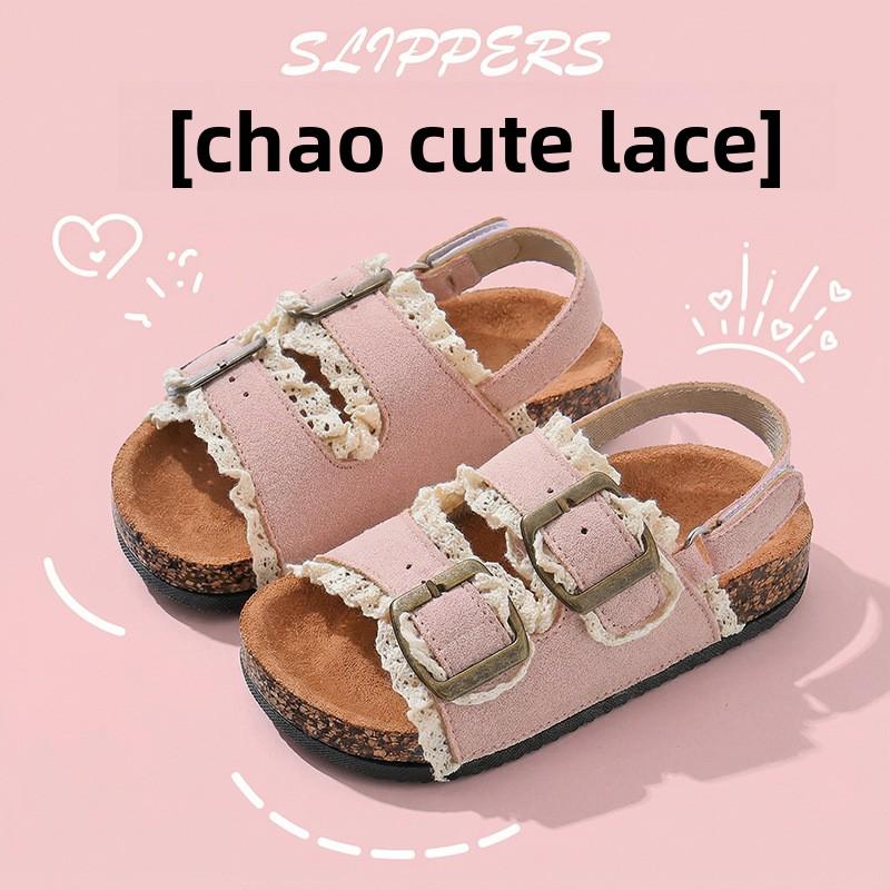 

Lace Ruffles Girls Sandals Summer PU Leather Buckle Cork Sandals For Kids Fashion Hook Loop Anti Slip Children Beach Shoes 24