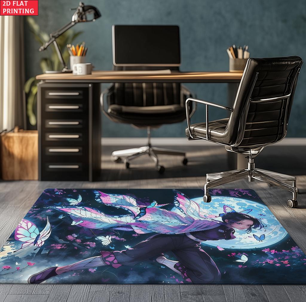Anime Swordsman Area Rug, Blue Water Wave Theme  Floor Mat, Decorative Carpet for Gaming Room Bedroom, Washable Home Decor Gift