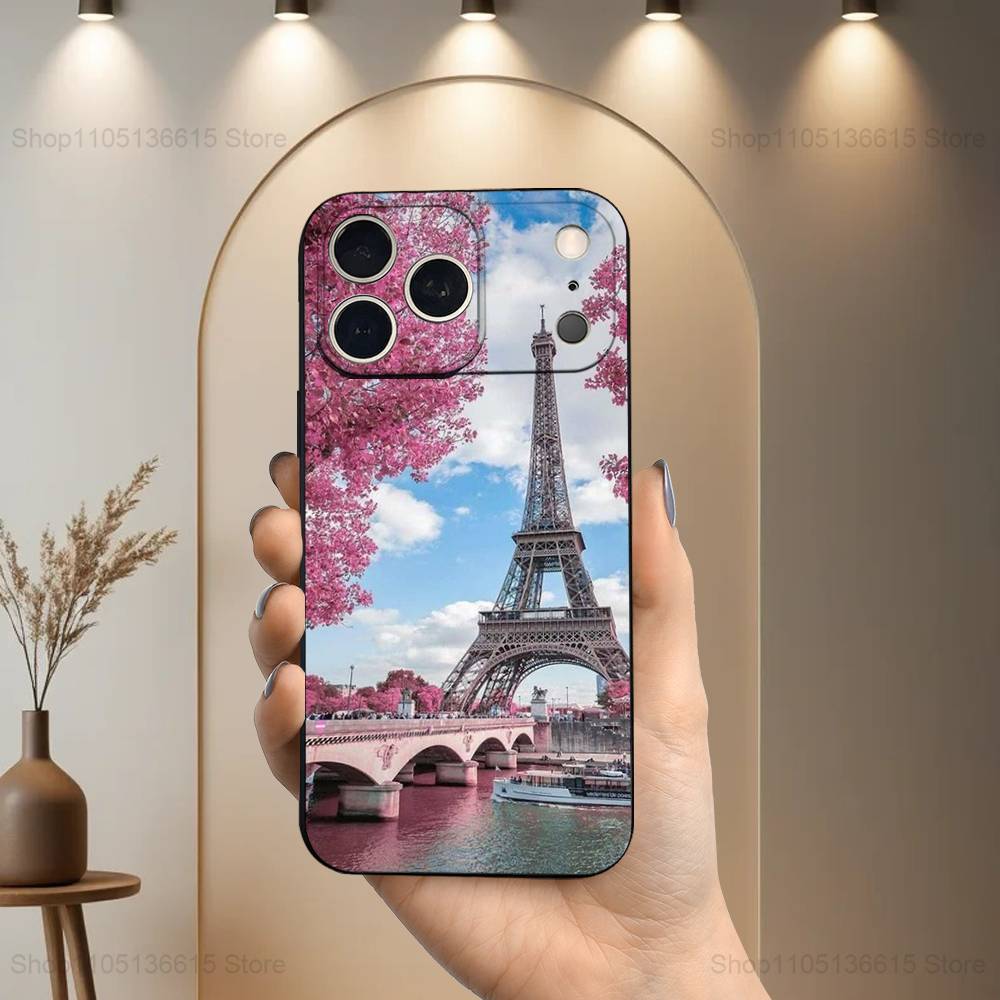 Eiffel Tower landscape For iPhone 13,17,11,12,16,14,15,Plus,Pro Max,XS,X,XR,SE,Mini,8,7,Soft Silicone Black Phone Case