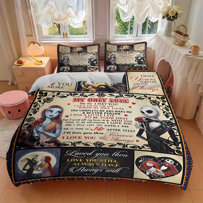3pcs My Only Love Jack and Sally Printed Bedding Set, Soft and Comfortable Quilt Cover for Bedroom, Guest Room F067