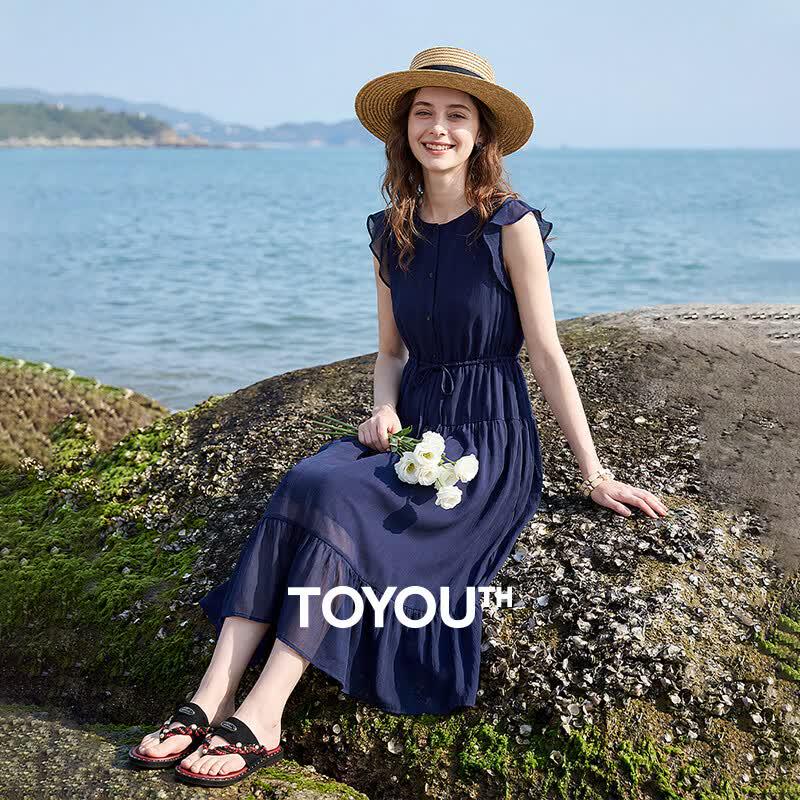 Chuyu Women s Summer Chiffon Ruffle Flutter Sleeve A-line Dress L