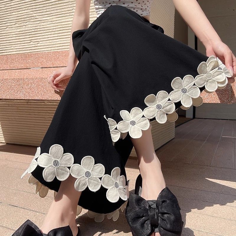 

Широкие брюки в стиле пэчворк из ледяного шелка с цветочным принтом для женщин, летние тонкие свободные прямые повседневные брюки длиной до щиколотки с высокой талией XL