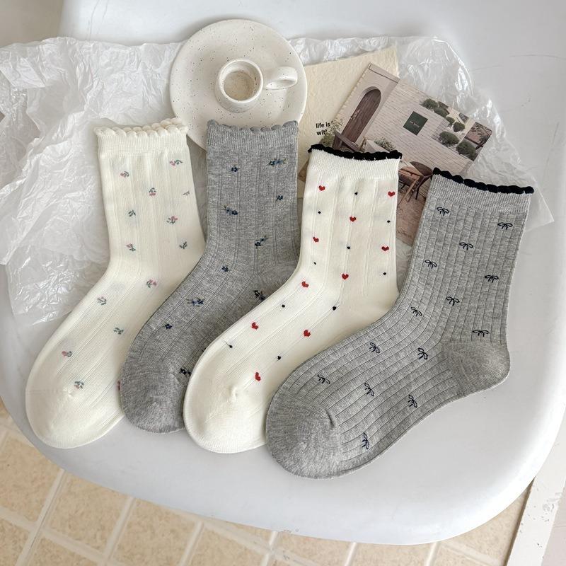 Floral White Socks - Breathable Mid-calf Socks Suitable for Spring and Autumn, Cute Frilly Socks with Multiple Layers, Summer Lightweight Long Socks