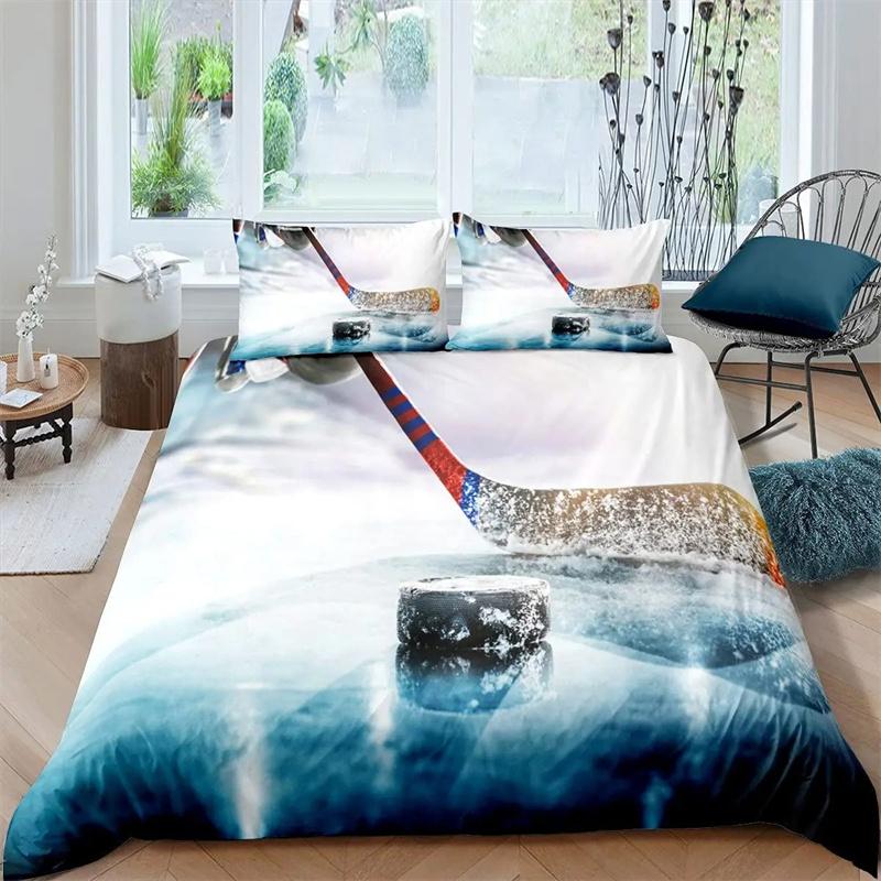 Ice Hockey Duvet Cover Black Polyester Bedding Set for Boys Winter Sports Game Quilt Cover Hockey Player Theme