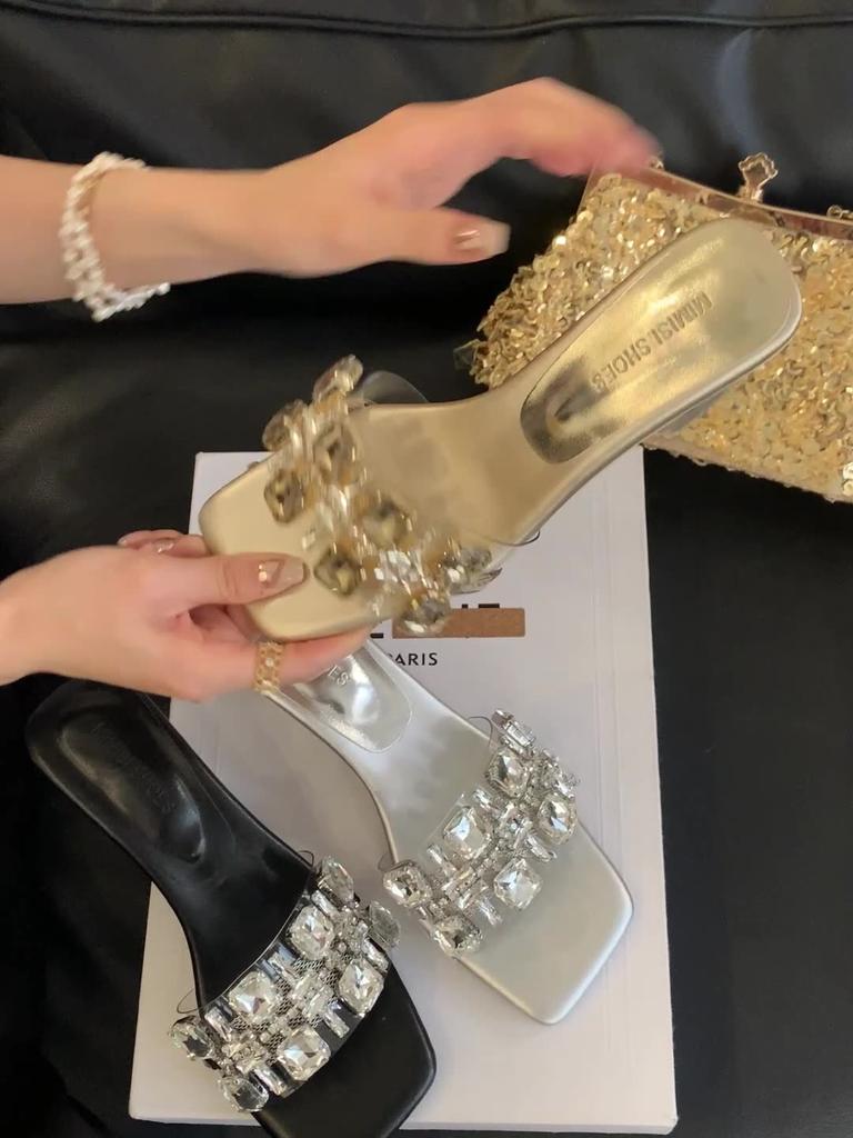 Fashion Square Heel Slippers Women Summer Shoes Pantofle Low Glitter Slides Block 2025 Jelly Rubber Crystal Hoof Heels Fabric Rome PU