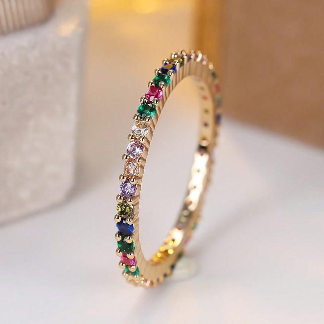 Cute Female Small Rainbow Round Zircon Stone Ring Trendy Silver Color Bride Wedding Jewelry Gift for Women
