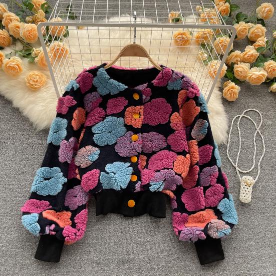 Women Coat Cardigan Single-breasted Long Sleeves Flower Elegant Keep Warm Elastic Cuff