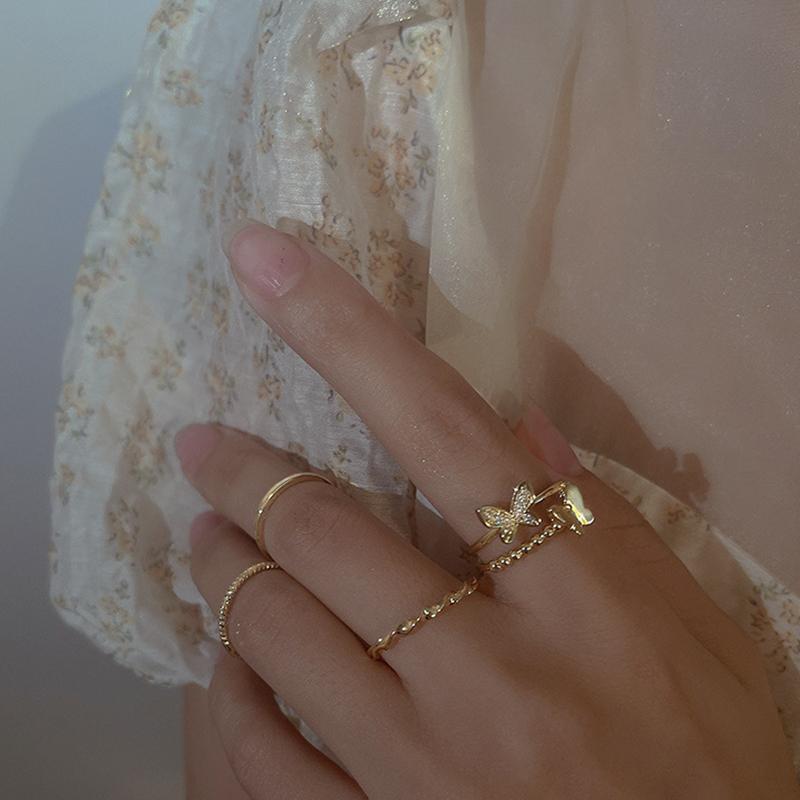 4PCS Plain Circle Butterfly Ring Set Silver Color Opening Adjustable Fashion Personalized Finger Ring For Women Trendy Jewelry