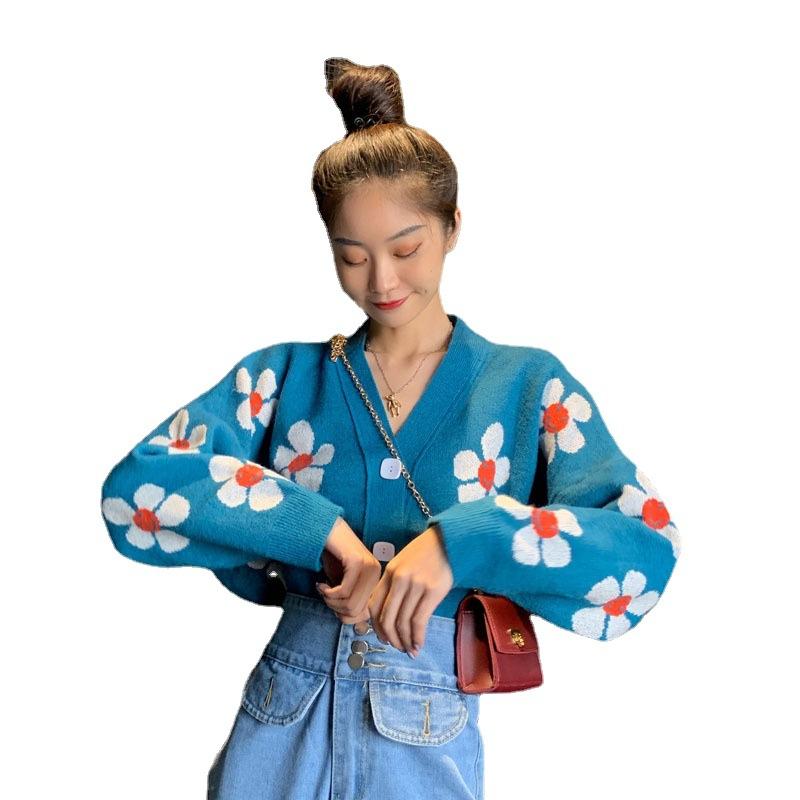 Spring and Autumn Women's College Style Flower Knitted Jacket Loose V-neck Autumn and Winter Thick Sweater Cardigan Women's Tops Short Section