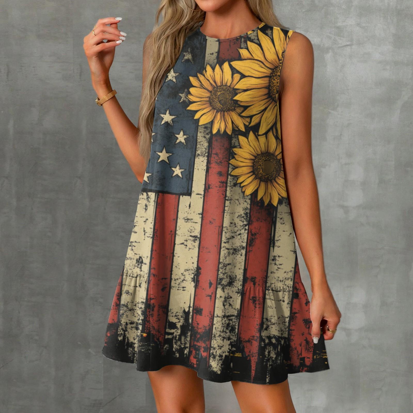 

Женские модные повседневные платья без рукавов с круглым вырезом и оборками с принтом «День независимости» XL киноварь