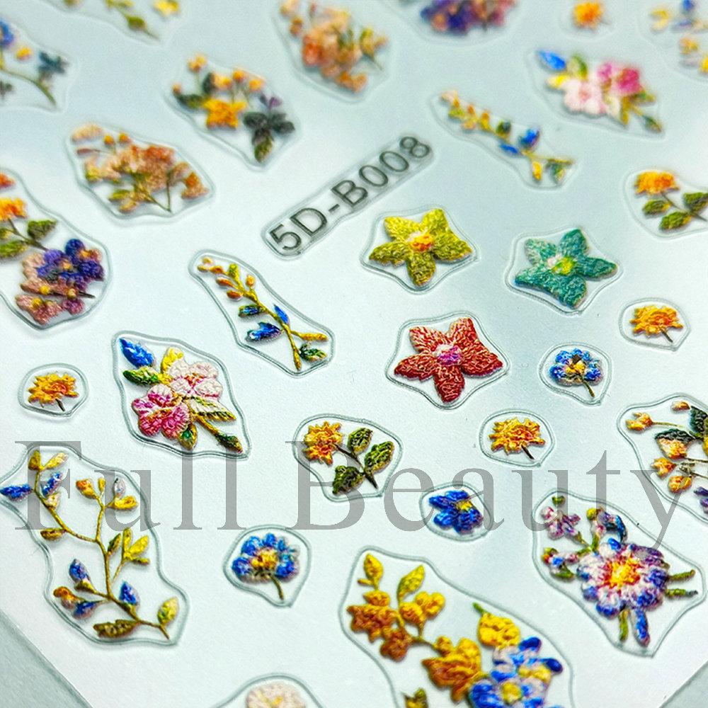 Nail Art Stickers Ins Relief Three-dimensional 5D Summer Oil Painting Small Flower Flower Adhesive Nail Stickers