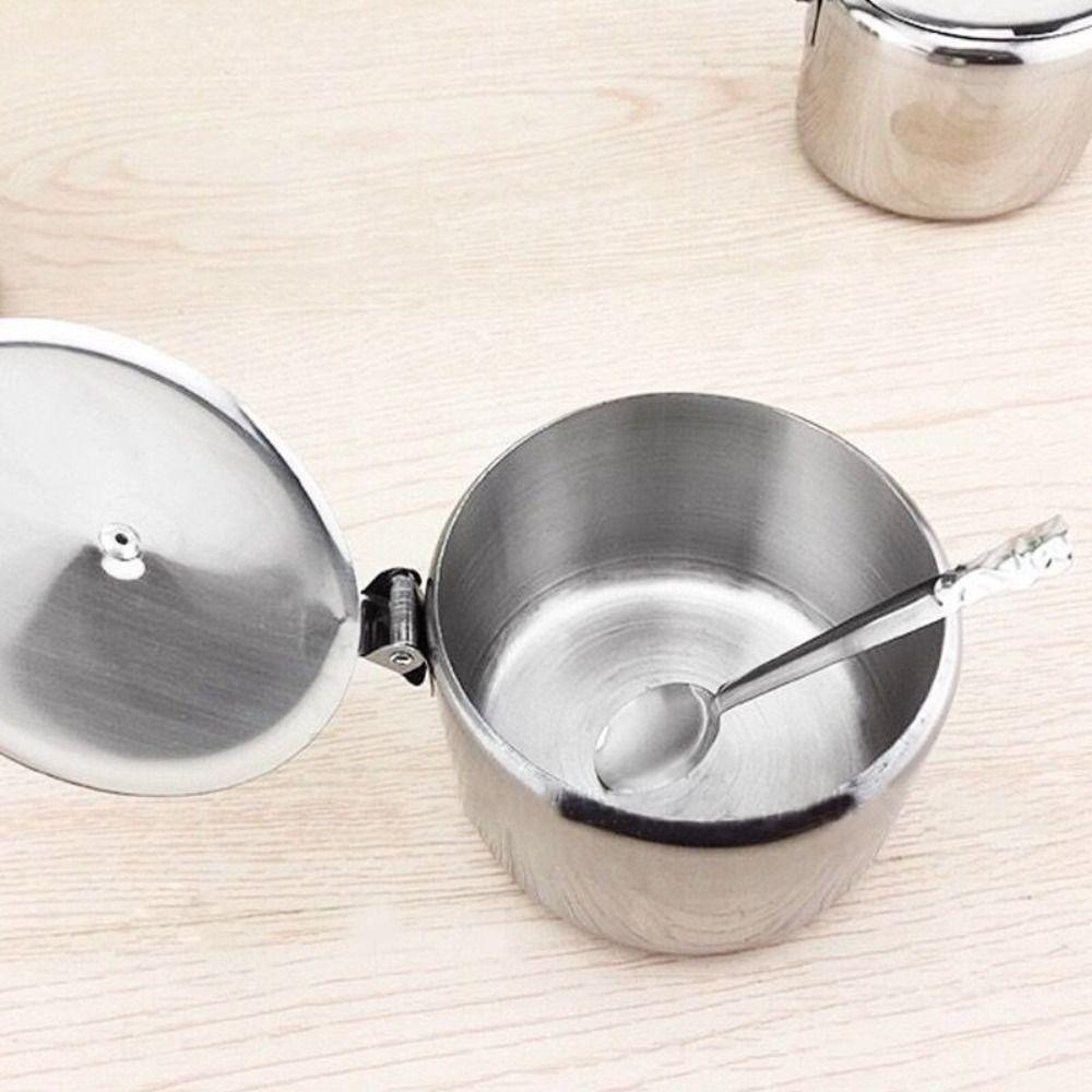 Silver Stainless Steel Sugar Bowl Waterproof Salt Organizer Practical Condiment Pot for Kichen