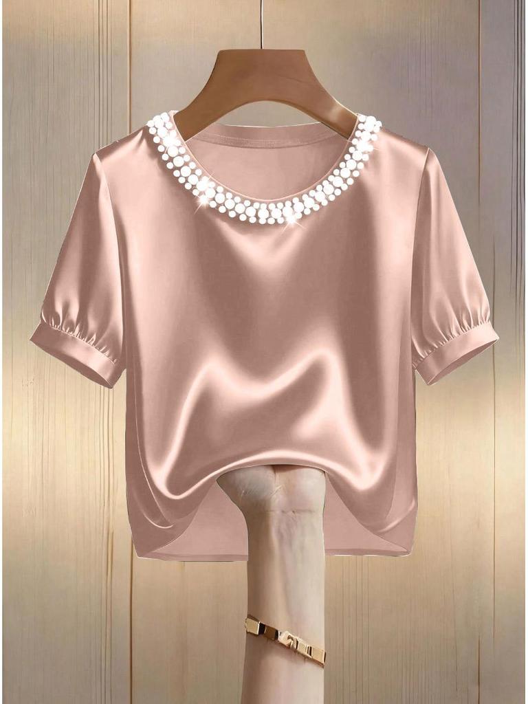 Women's Stylish Pearl Collar Satin T-Shirt: Short-Sleeve, Round Neck, Summer Fashion.