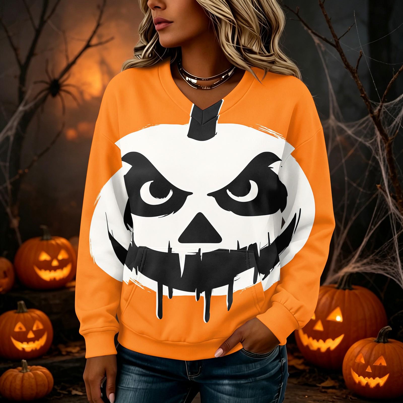 Women s Halloween Print V-Neck Long Sleeve Lightweight Pullover Hoodie with Pockets S