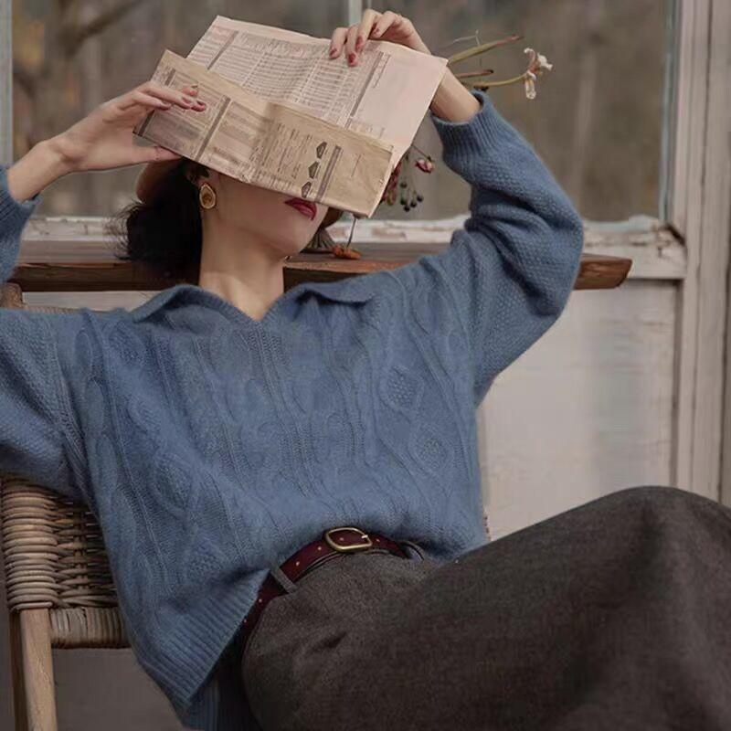 Retro Pullover Pullover Frauen Herbst und Winter koreanische lose und faule Wind weiche Milch V-Ausschnitt Pullover Pullover Top