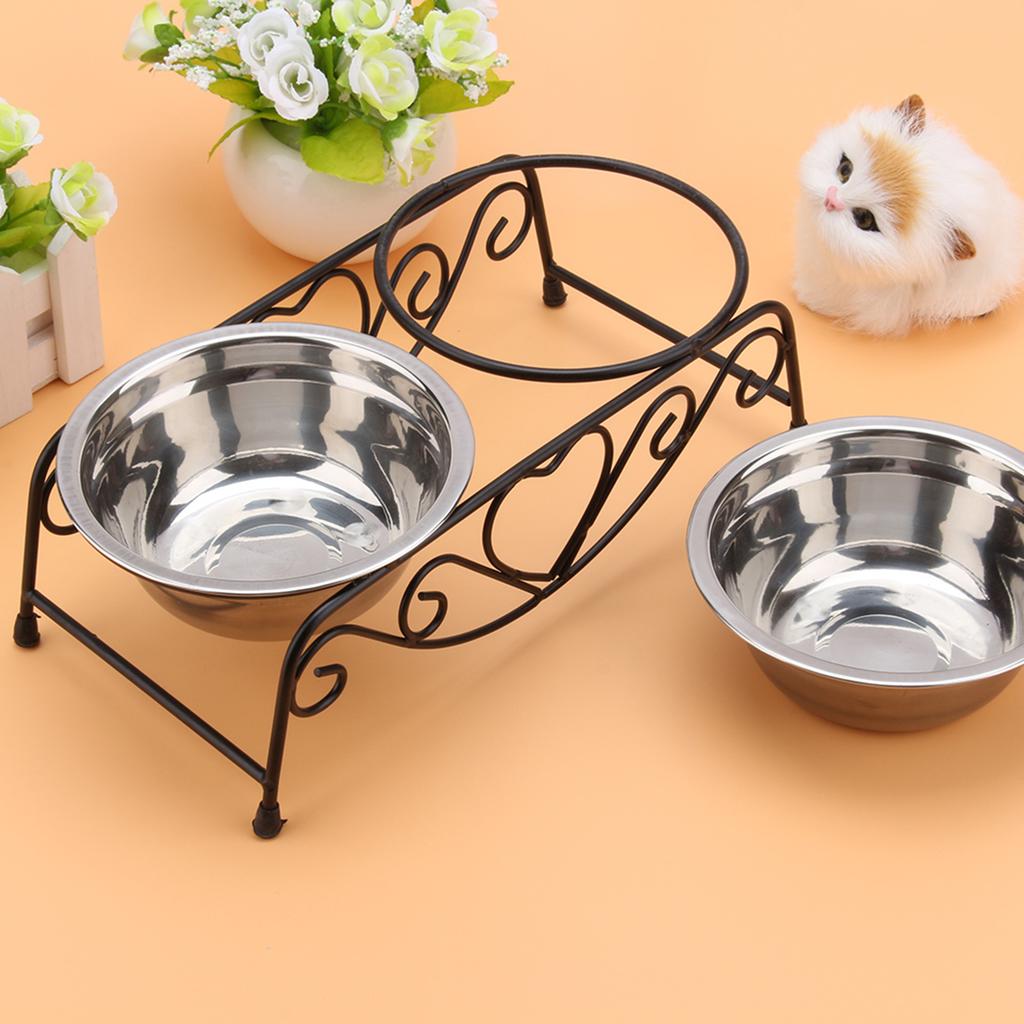Stainless Steel Double Dog Cat Food Water Bowls Feeder Dishes Shelf Stand