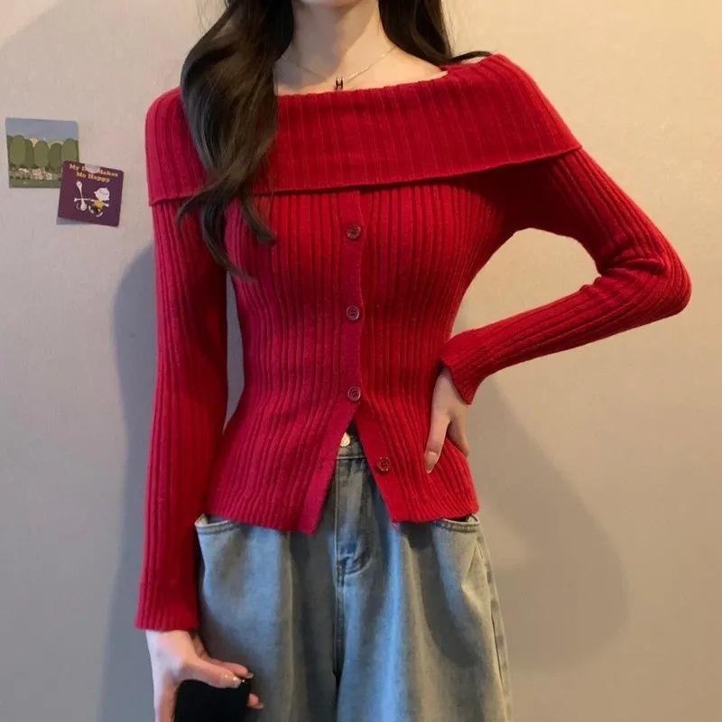 

Женский свитер на одно плечо в начале осени, дизайн, облегающий крой, рубашка с зауженным низом, вязаный свитер с завышенной талией one size fits all