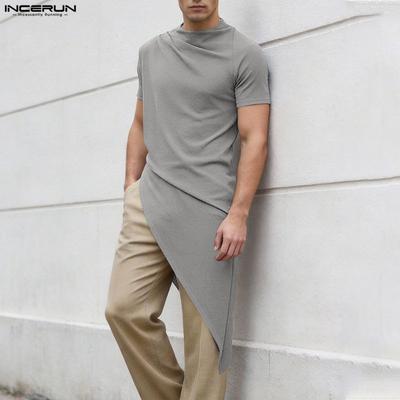 Summer Men O Neck Short Sleeve Casual High Splits Irregular Tops T-shirts
