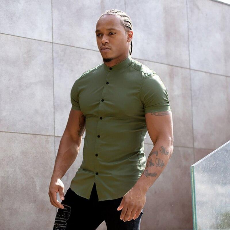 Muscleguys Moda stil retro tricou simplu cu mânecă scurtă pentru bărbați de vară ocazional, simplu, cu guler vertical, cămașă frumoasă