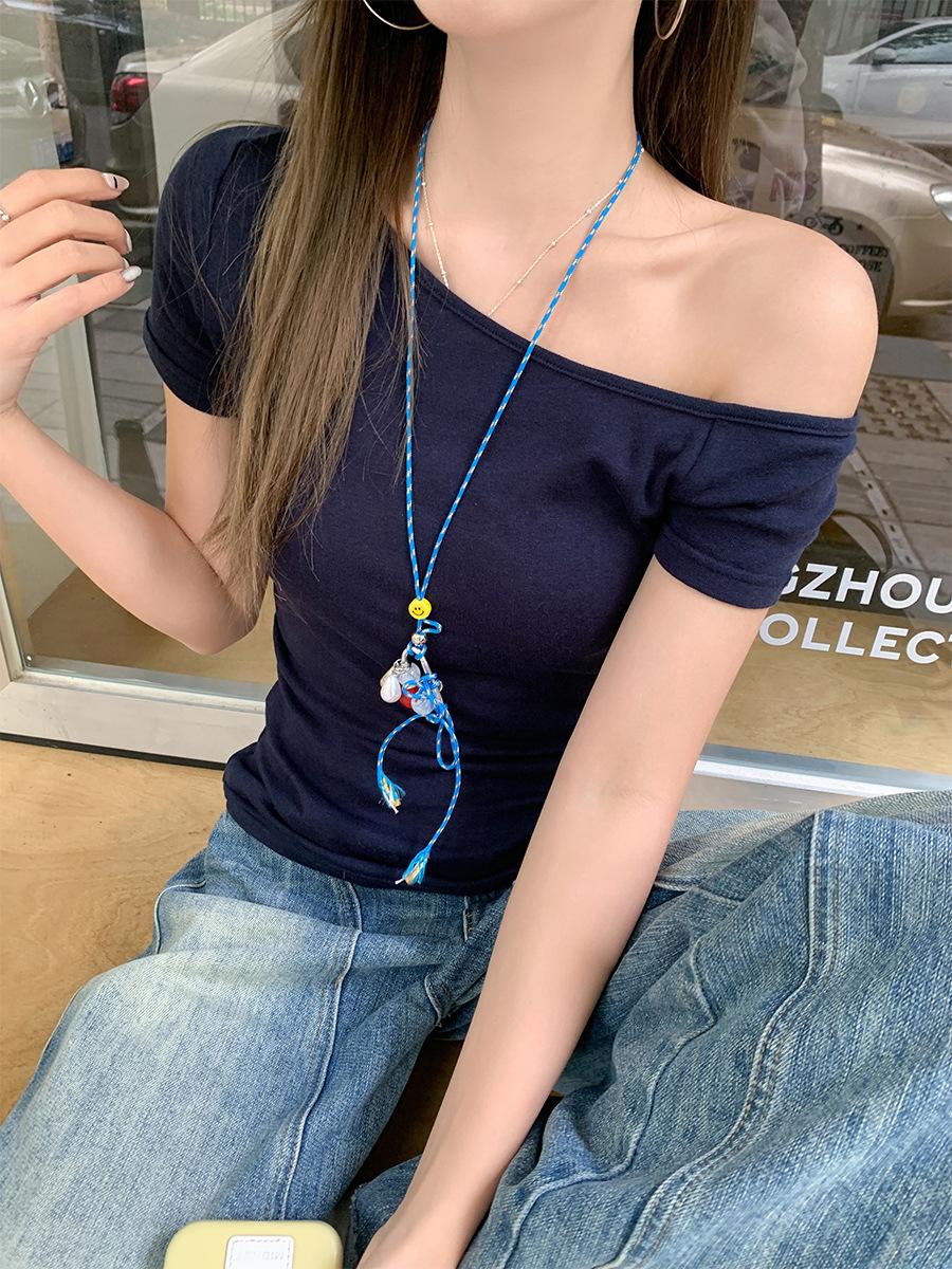 

Pure desire diagonal neck off-the-shoulder pleated short-sleeved T-shirt women s summer new slim-fitting, thin waist design top XL темно-синього кольору