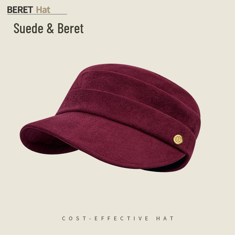 Women's Ruched Suede Flat Top Equestrian Hat - Warm Autumn/Winter Newsboy Cap with Face-Slimming Duckbill Design