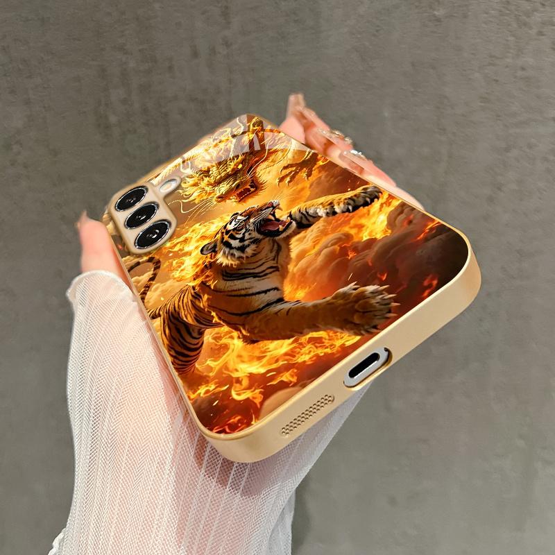 Dragon Roar Tiger Leap Pattern 2D Phone Case for Samsung S26 S25 S24 S23 S22 S21 S20 A56 A36 A16 Golden Glass Protective Cover