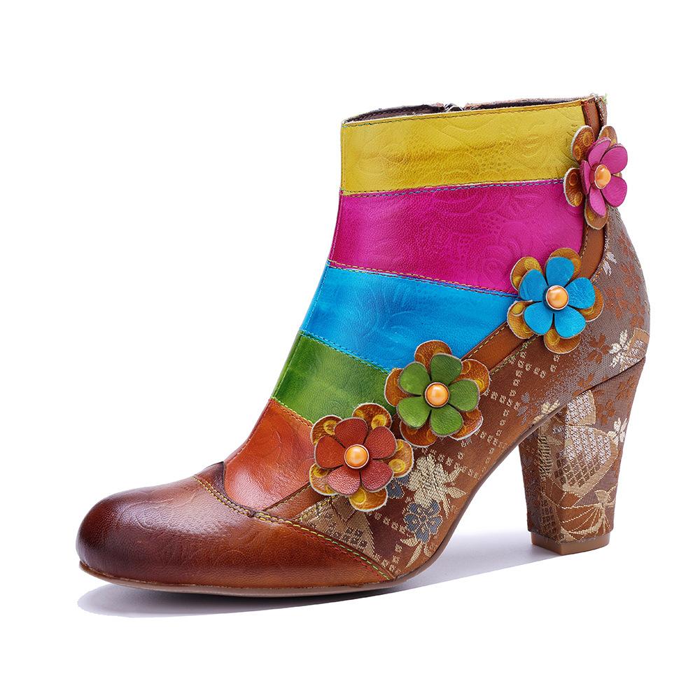 

Johnature Genuine Leather Printed Short Boots Fashion Mixed Colors Flower Side Zipper Women s High Heels 42 разноцветный