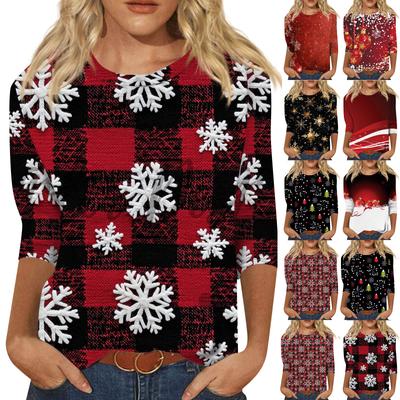 Women's Fashion Casual Seven Sleeve Christmas Printed Round Neck Top