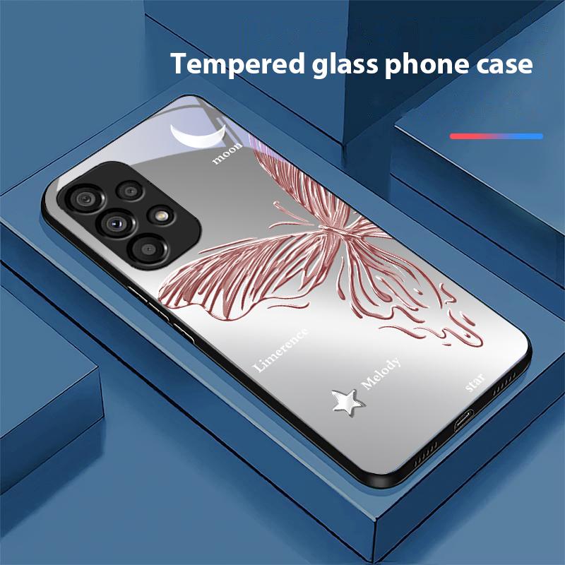 

Metallic Butterfly For Samsung Galaxy S10 20 Plus 21 FE 22 23 24 FE 25 Ultra Black Tempered Glass Phone Case Hard Shell for Galaxy S21 Ultra