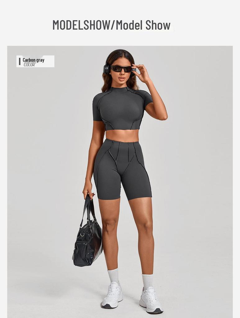 European & American 3D Patchwork Quick-Dry Yoga Set: Tight Short Sleeve & Shorts