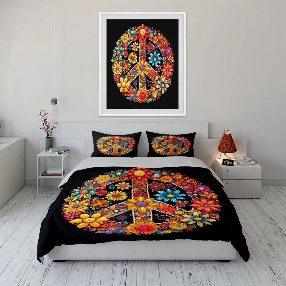 Flower Peace Symbol Decor Set Bedding Set with 1 Duvet Cover 2 Pillowcases Single Double King Queen Gift