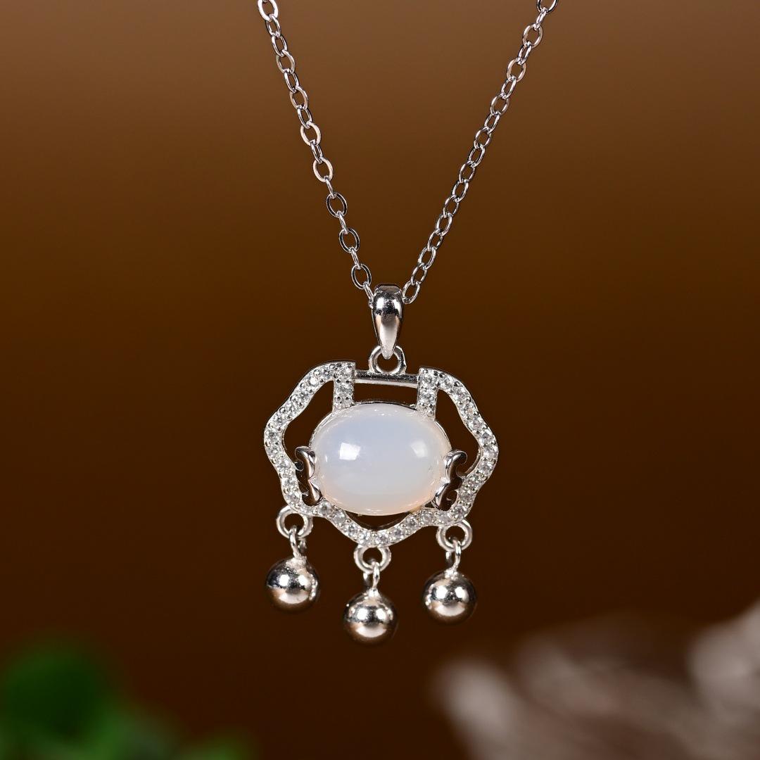 S925 Sterling Silver Chalcedony & Mother-of-Pearl Peace Ruyi Pendant Necklace - New Chinese Style
