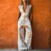 Women Bohemian Floral Print Jumpsuit Sleeveless Deep V Neck High Waist Wide Leg Long Pants Holiday Beach Casual Rompers