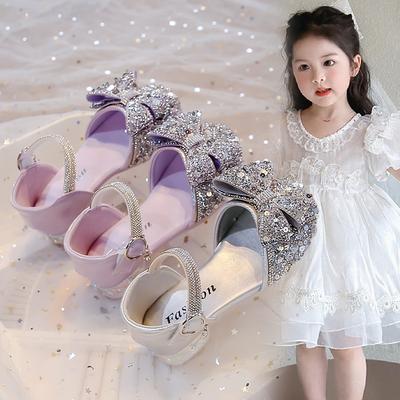 Girls Dance Shoes High Heels for Wedding Party Kids Princess Sandals Shiny Sequins 2025 Summer New Girls Performance Shoes Soft