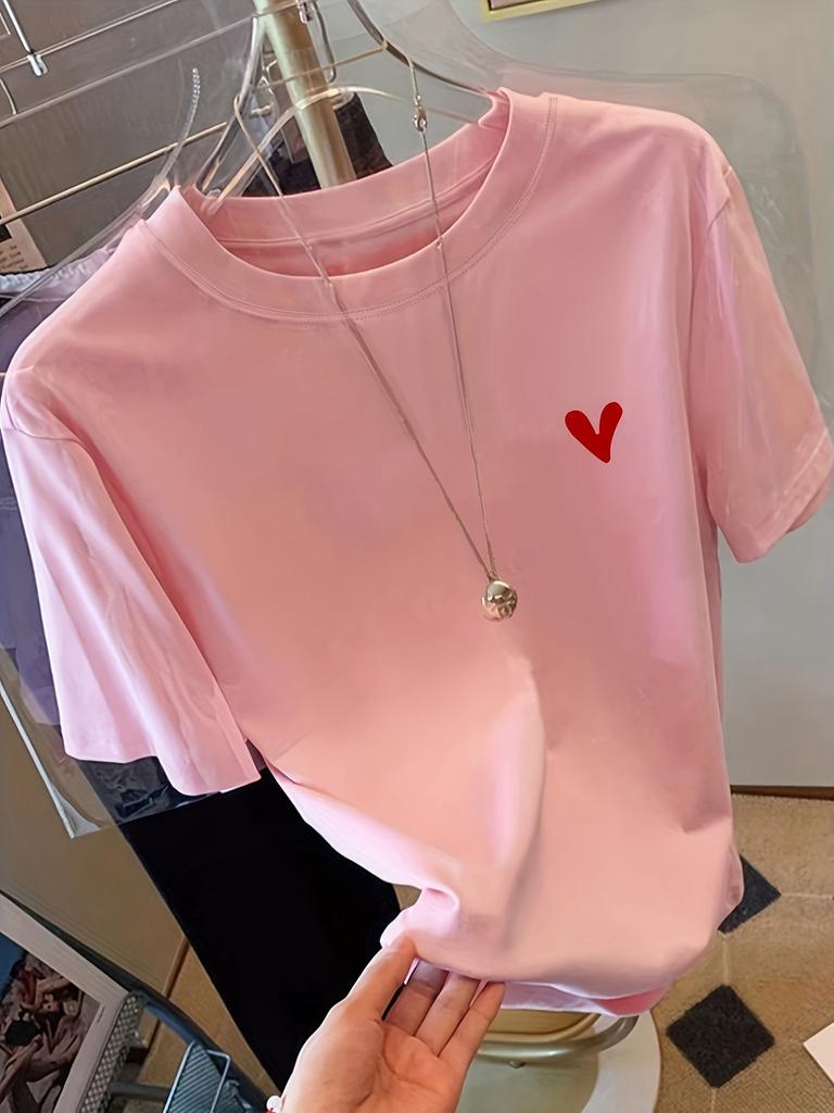 Womens Y2k Summer Printed Tshirt Loose Short Sleeve Red Heart Pattern Top Machine Washable Casual Street Style Tshirt