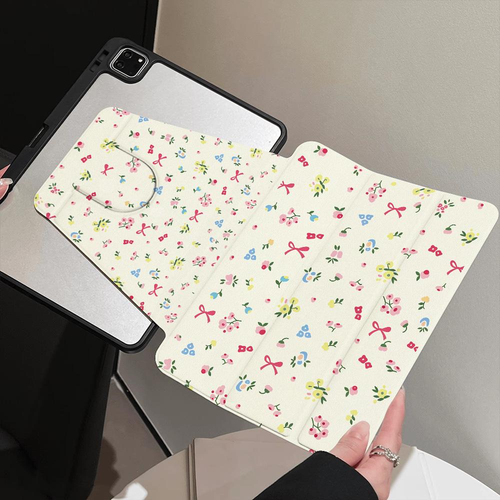 360° Rotatable TriFold for Samsung Galaxy Tab S9 S10 FE A9 A11 S7 S8 Plus Painted Cover Aesthetic Inner Printed Pink Tiny Flower
