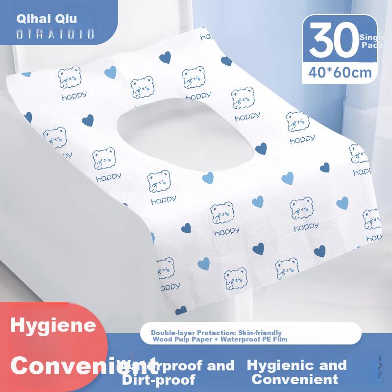 Disposable Toilet Seat Covers, 30 Pieces, Travel-Friendly, Full Coverage, Extra Large And Thick, Waterproof, Blue Bear Print Design