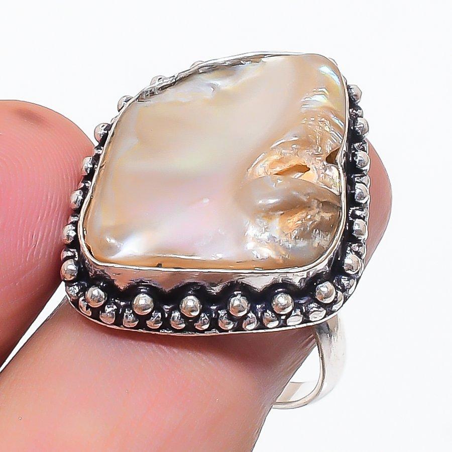 Natural Biwa Pearl Gemstone 925 Sterling Silver Jewelry Ring Size 9 I2T68